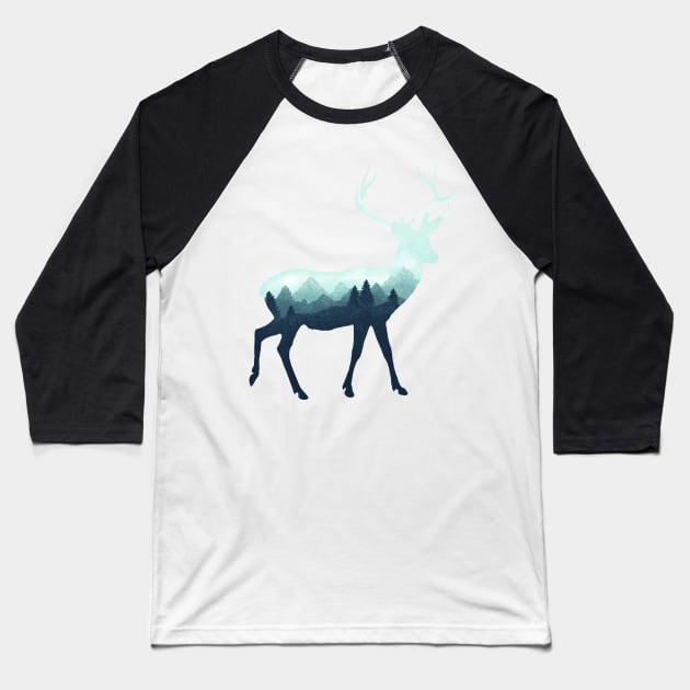 Dramabite Deer Stag Elk Double Exposure Surreal Wildlife Animal Baseball T-Shirt by dramabite